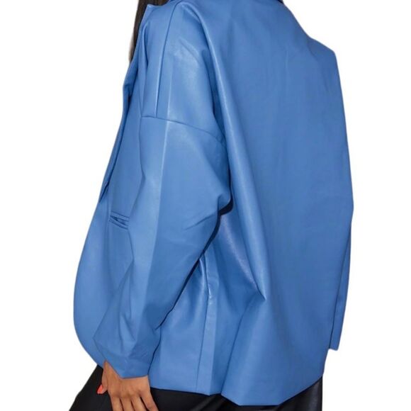 Pretty Little Thing Blue Faux Leather Drop Shoulder Oversized Dad Blazer Size 10 - Picture 2 of 8